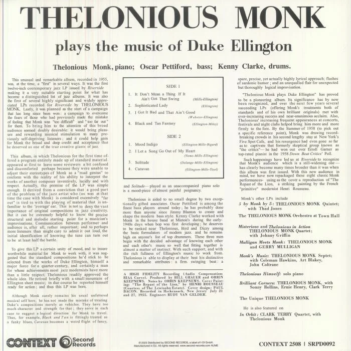 Back cover — Thelonious MONK — Thelonious Monk Plays Duke Ellington (reissue)