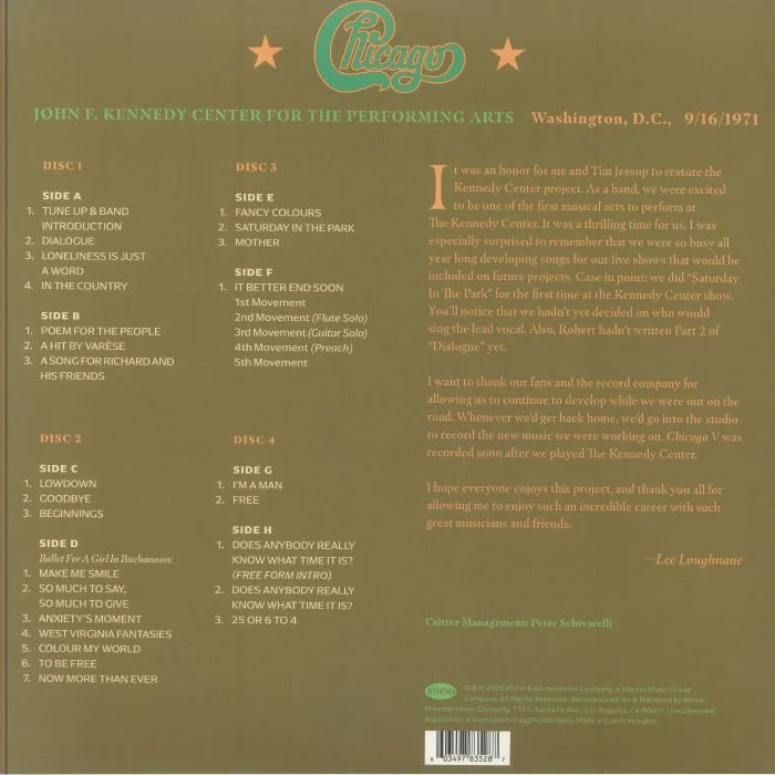 Back cover — CHICAGO — At The John F Kennedy Center For The Performing Arts Washington DC 9 16 71