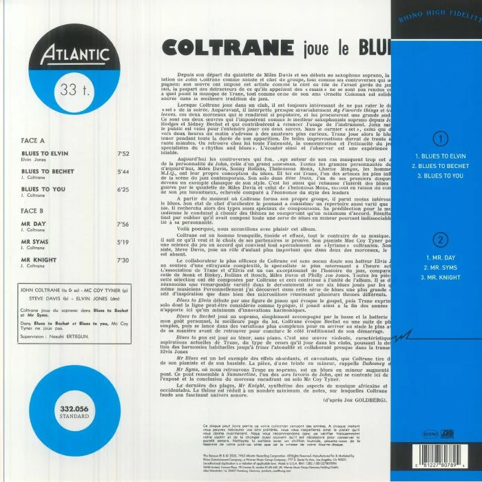 Back cover — John COLTRANE — Coltrane Plays The Blues (mono) (Rhino High Fidelity Edition)