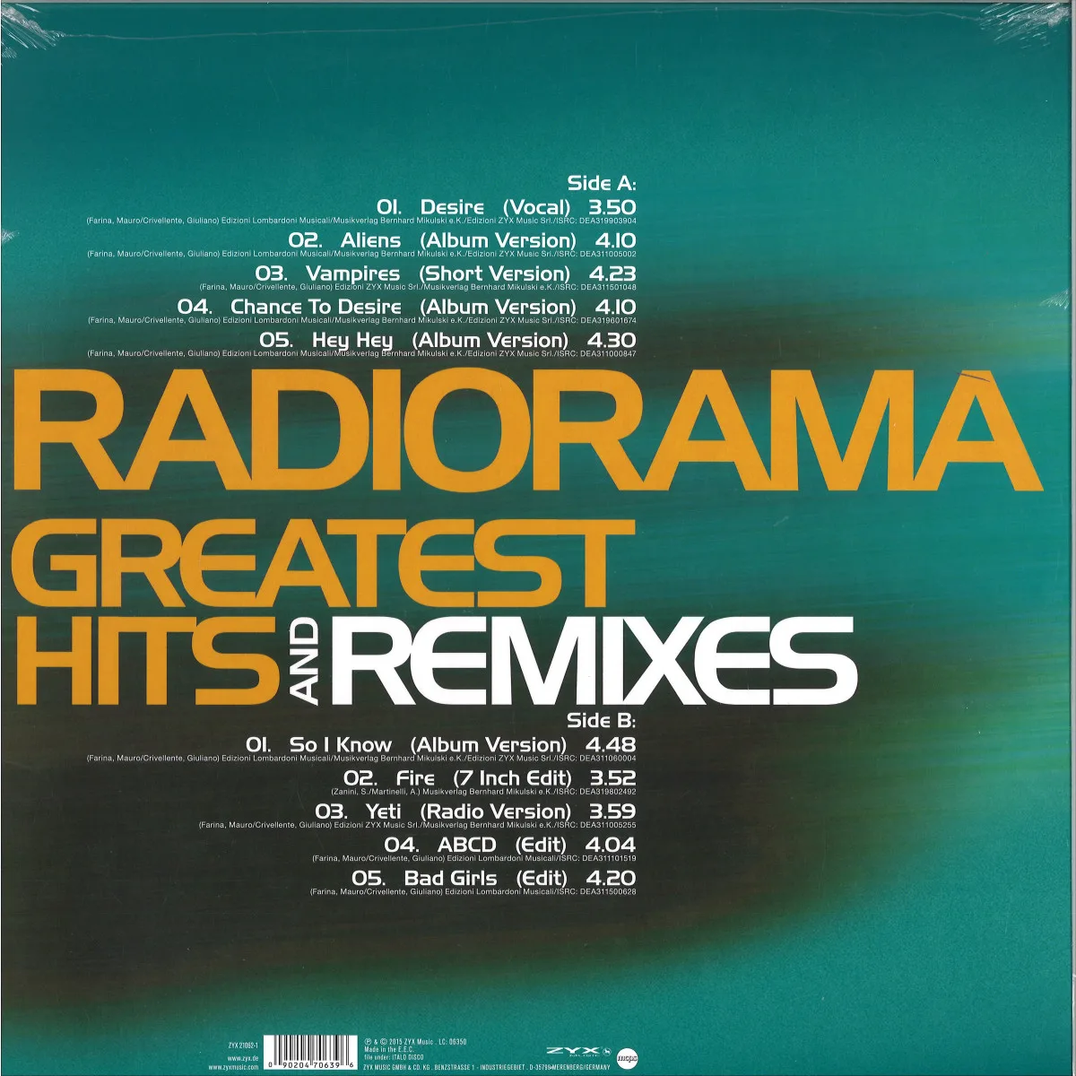 Back cover — Radiorama — Greatest Hits & Remixes LP