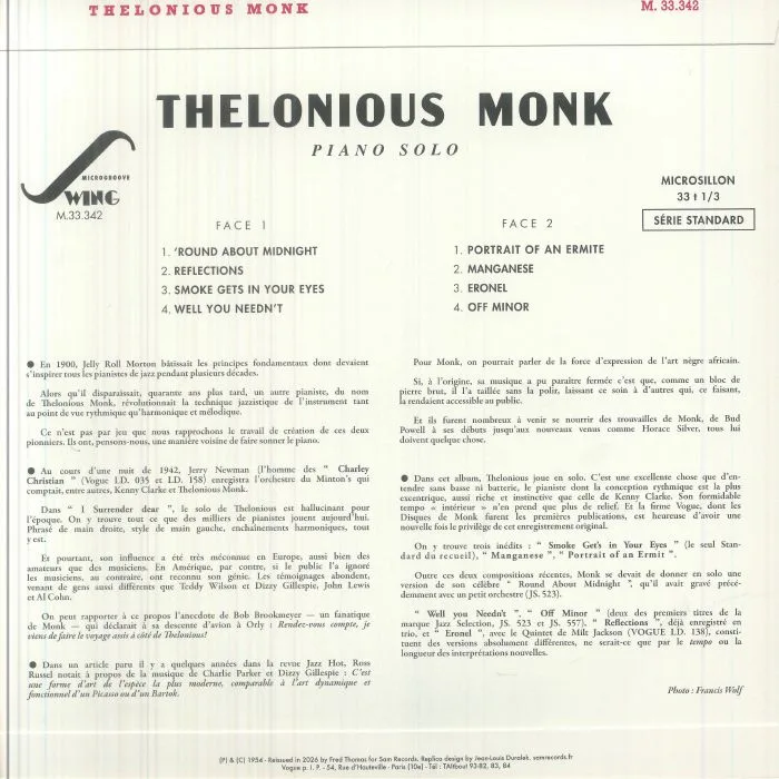 Back cover — Thelonious MONK — Piano Solo (reissue)