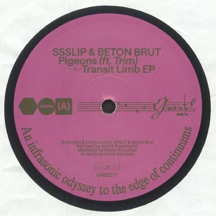 Front cover — SSSLIP / BETON BRUT feat TRIM — Pigeons / Transit Limb EP (feat Noti, Beatrice M mixes)