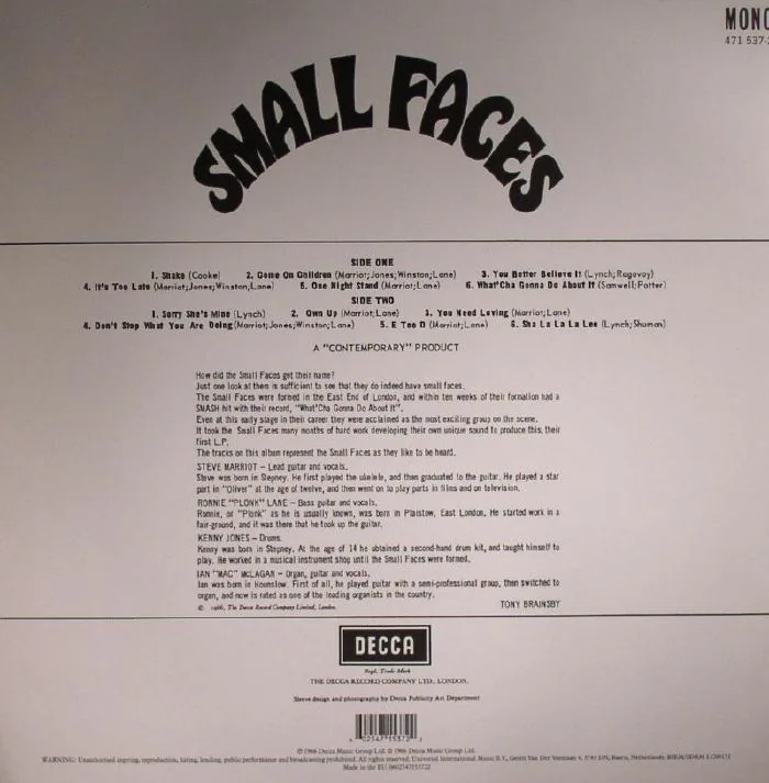 Обратная сторона обложки — SMALL FACES — Small Faces (mono)