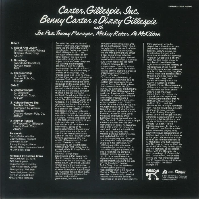 Обратная сторона обложки — Benny CARTER / DIZZY GILLESPIE — Carter Gillespie Inc (remastered)