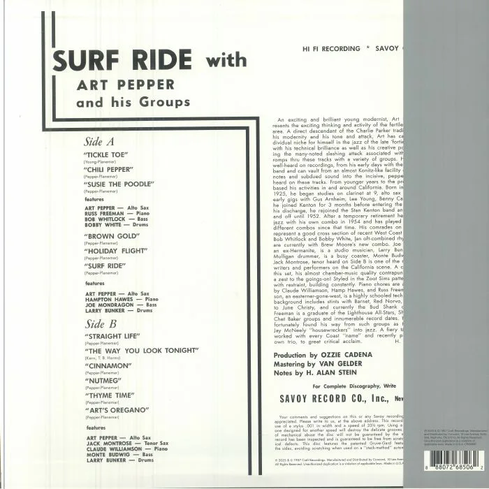 Обратная сторона обложки — Art PEPPER — Surf Ride (Original Jazz Classics Series)