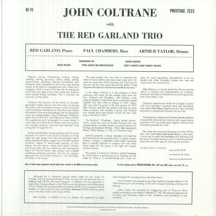 Back cover — John COLTRANE with THE RED GARLAND TRIO — John Coltrane With The Red Garland Trio (reissue)