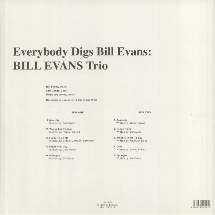 Обратная сторона обложки — BILL EVANS TRIO — Everybody Digs Bill Evans