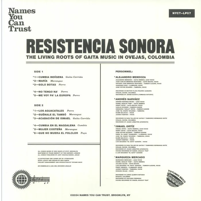 Обратная сторона обложки — Alejandro MENDOZA / ANDRES NARVAEZ / ISMAEL ORTIZ / MARQUEZA MERCADO — Resistencia Sonora: The Living Roots Of Gaita Music In Ovejas Colombia