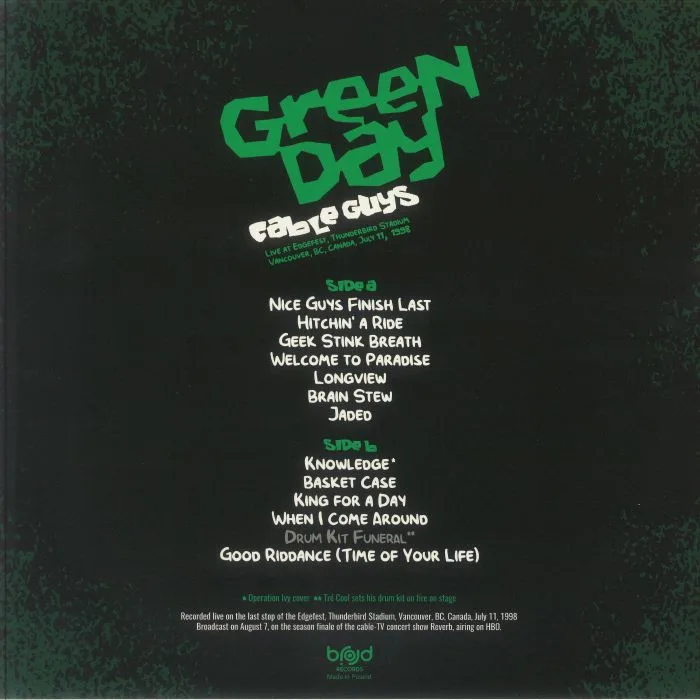 Обратная сторона обложки — GREEN DAY — Cable Guys: Live At Edgefest Thunderbird Stadium Vancouver BC Canada July 11 1998