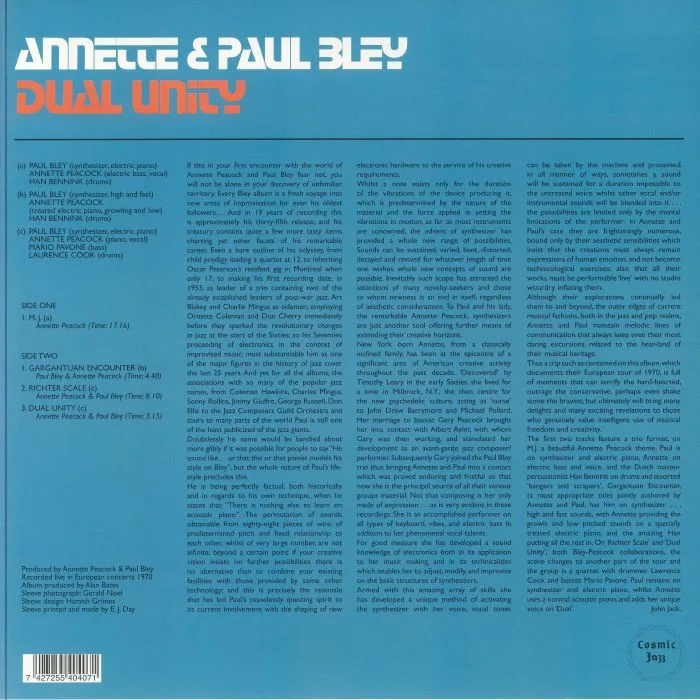 Обратная сторона обложки — Annette PEACOCK / PAUL BLEY — Dual Unity (reissue)