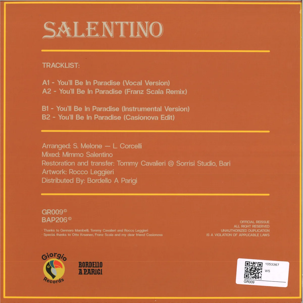 Обратная сторона обложки — Salentino — YOU'LL BE IN PARADISE