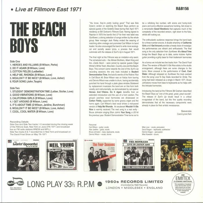 Обратная сторона обложки — The BEACH BOYS — Live At Fillmore East 1971 (mono)