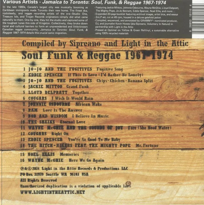 Обратная сторона обложки — SIPREANO / LIGHT IN THE ATTIC / VARIOUS — Jamaica To Toronto: Soul Funk & Reggae 1967-1974 (reissue) (Record Store Day Black Friday RSD 2024)