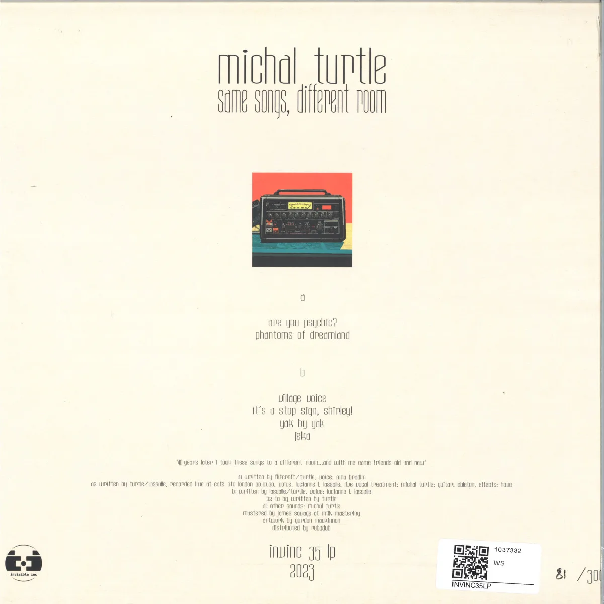 Back cover — Michal Turtle — Same Songs, Different Room LP