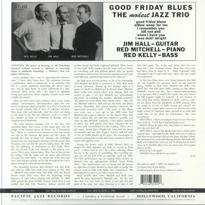 Обратная сторона обложки — The MODEST JAZZ TRIO — Good Friday Blues (Tone Poet Series)