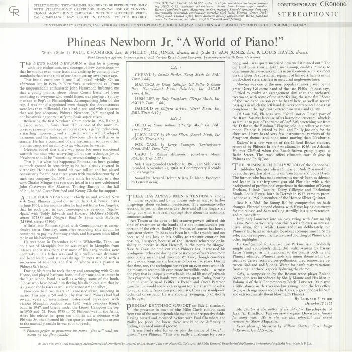 Обратная сторона обложки — Phineas Jr NEWBORN — A World Of Piano! (reissue)