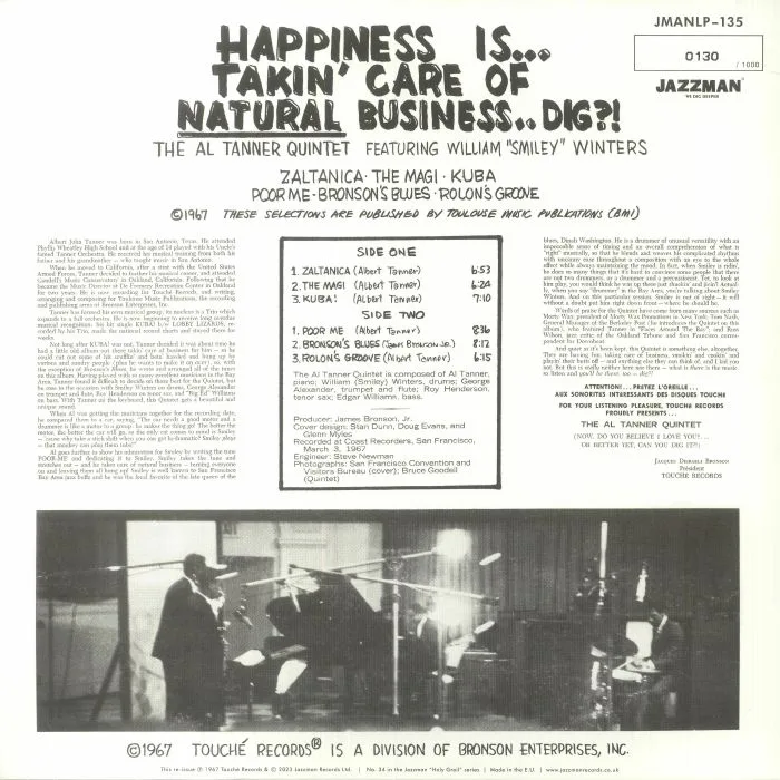 Back cover — The AL TANNER QUINTET — Happiness Is Takin' Care Of Natural Business Dig?! (reissue)
