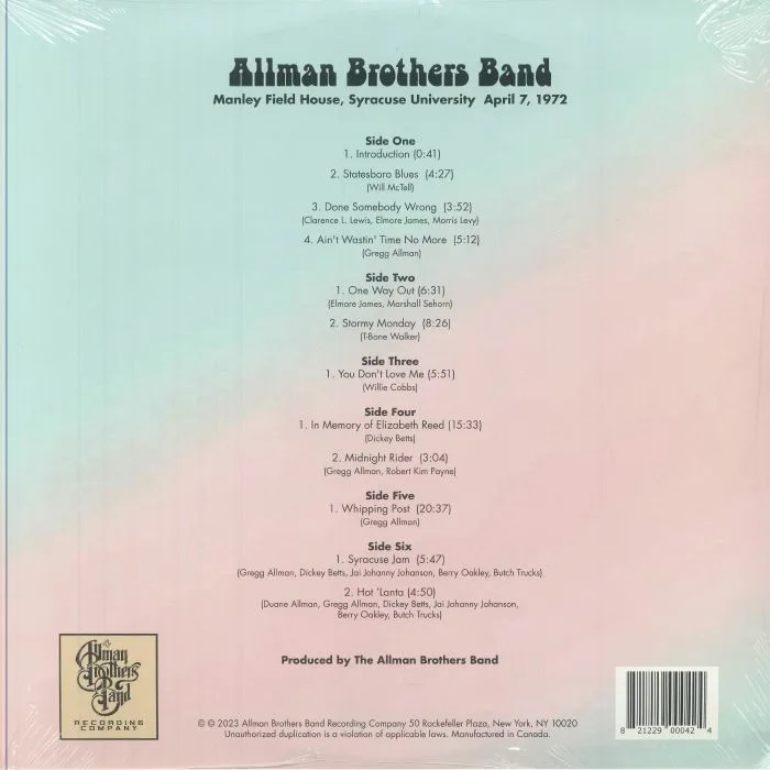 Обратная сторона обложки — The ALLMAN BROTHERS BAND — Manley Field House Syracuse University April 7 1972 (Record Store Day Black Friday RSD 2024)
