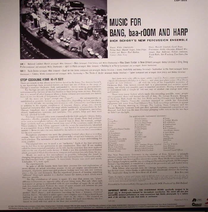 Back cover — DICK SCHORY'S NEW PERCUSSION ENSEMBLE — Music For Bang Baaroom & Harp: Biggest Battery Of Percussion West Of Cape Canaversal