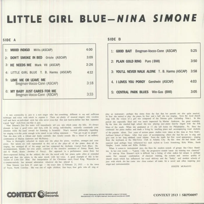 Обратная сторона обложки — Nina SIMONE — Little Girl Blue (reissue)