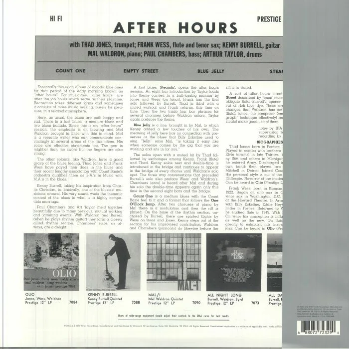 Back cover — Thad JONES / FRANK WESS / KENNY BURRELL / MAL WALDRON — After Hours (Original Jazz Classics Series)
