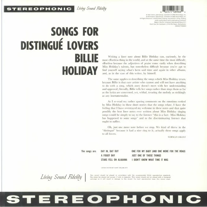 Обратная сторона обложки — Billie HOLIDAY — Songs For Distingue Lovers (reissue)