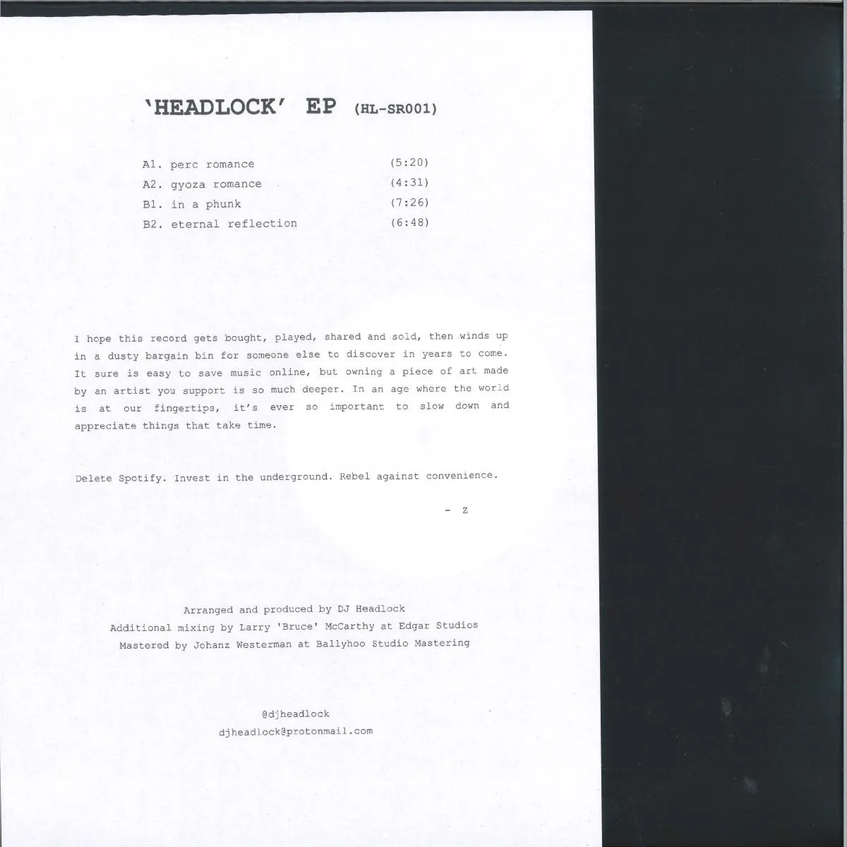 Back cover — DJ HEADLOCK — HEADLOCK EP