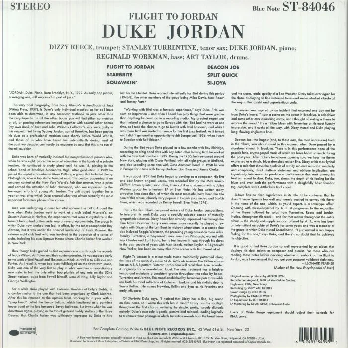 Обратная сторона обложки — Duke JORDAN — Flight To Jordan (Tone Poet Edition)