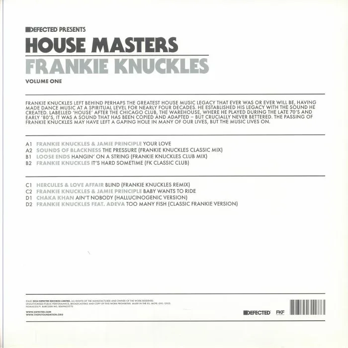 Обратная сторона обложки — Frankie KNUCKLES / VARIOUS — House Masters: Frankie Knuckles Volume One
