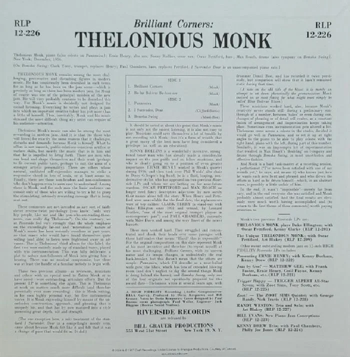 Back cover — Thelonious MONK — Brilliant Corners (reissue)