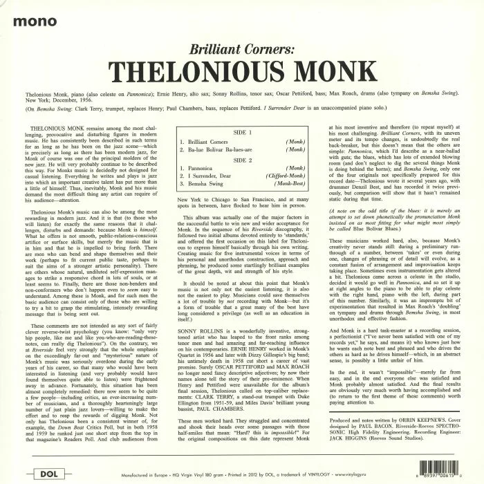 Back cover — Thelonious MONK with SONNY ROLLINS / ERNIE HENRY / CLARK TERRY — Brillant Corners (mono) (reissue)