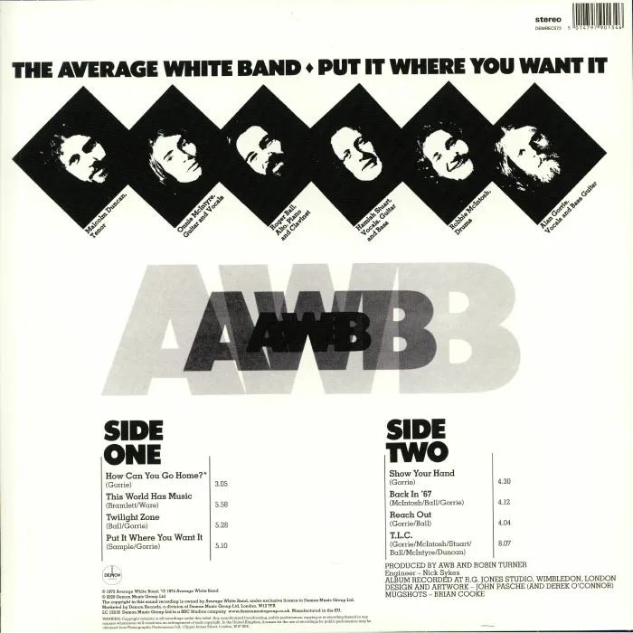 Back cover — AVERAGE WHITE BAND — Put It Where You Want It