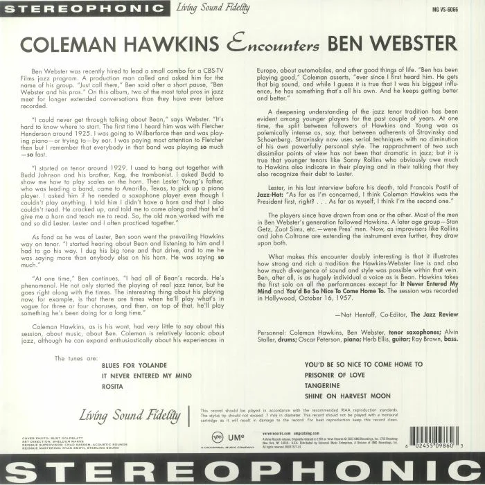 Обратная сторона обложки — Coleman HAWKINS / BEN WEBSTER — Coleman Hawkins Encounters Ben Webster (Acoustic Sounds Series)