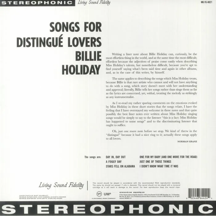 Обратная сторона обложки — Billie HOLIDAY — Songs For Distingue Lovers (Acoustic Sounds Series)