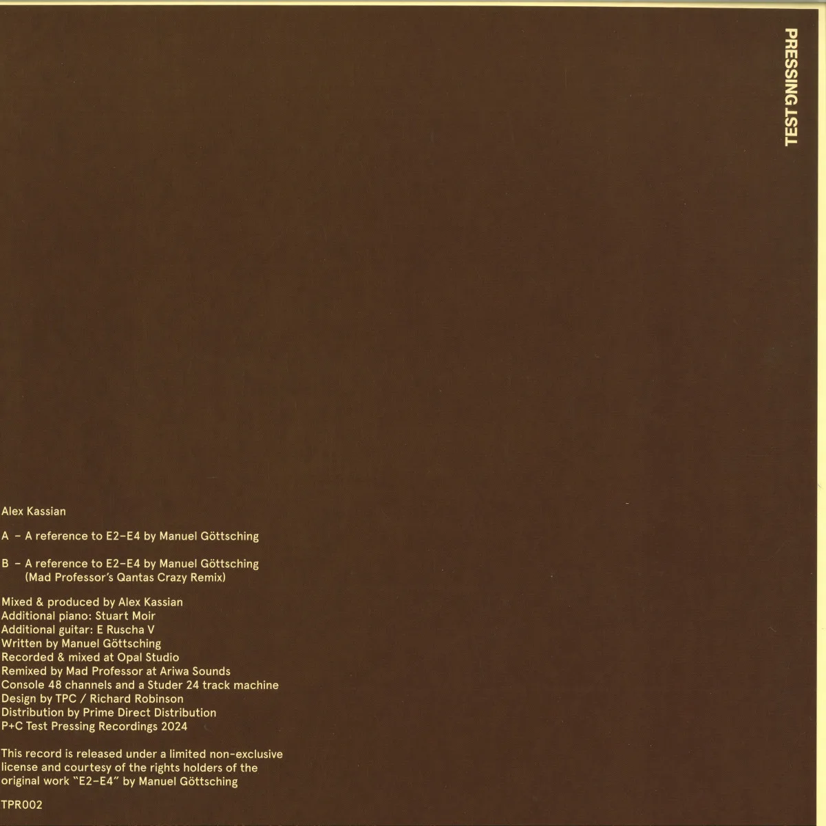 Back cover — Alex Kassian — A reference to E2-E4 by Manuel Gottsching