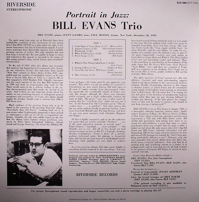 Back cover — BILL EVANS TRIO — Portrait In Jazz