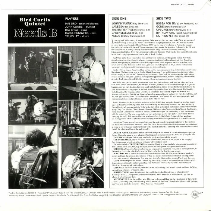 Back cover — BIRD CURTIS QUINTET — Needs B