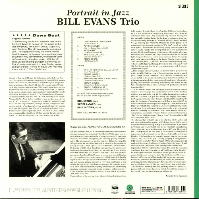 Обратная сторона обложки — BILL EVANS TRIO — Portrait In Jazz