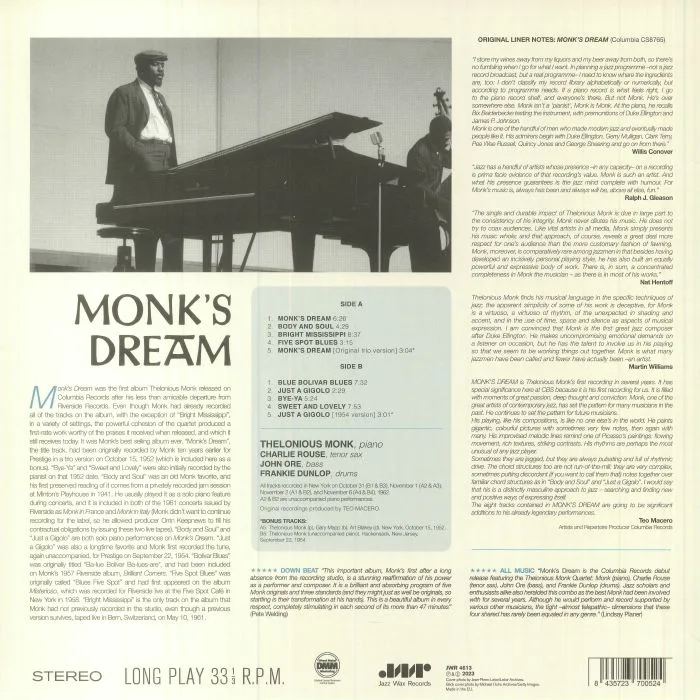 Back cover — THELONIOUS MONK QUARTET — Monk's Dream