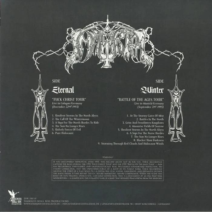 Back cover — IMMORTAL — To The North & Into Eternal Winters: Live In Darkness 1993-1995