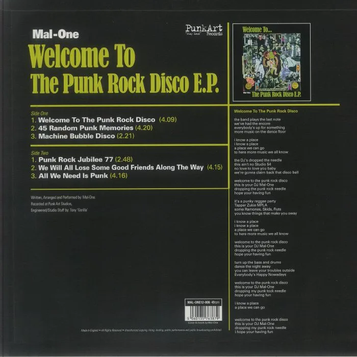 Обратная сторона обложки — MAL ONE — Welcome To The Punk Rock Disco EP