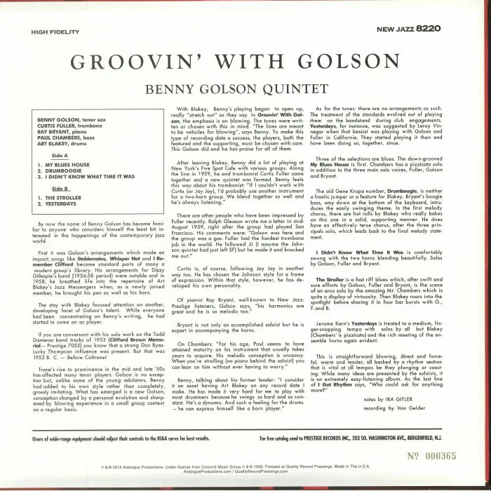 Back cover — Benny GOLSON — Groovin' With Golson