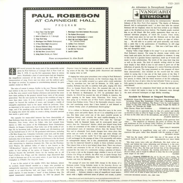 Обратная сторона обложки — Paul ROBESON — At Carnegie Hall (remastered)