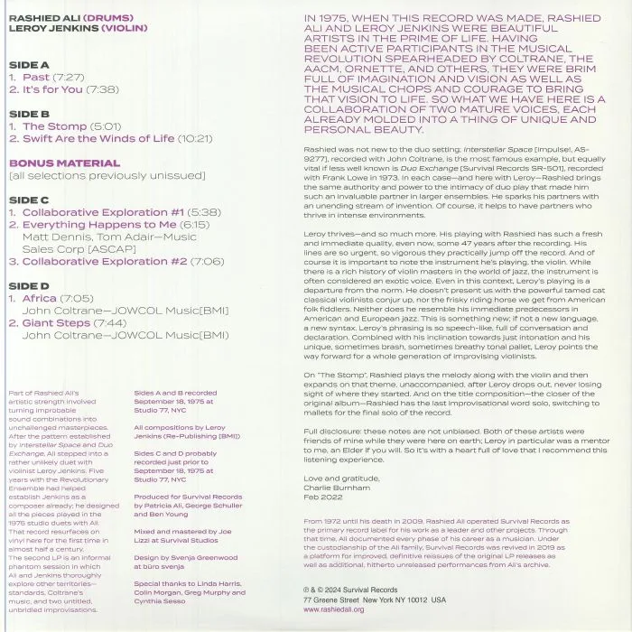 Back cover — Rashied ALI / LEROY JENKINS — Swift Are The Winds Of Life (Expanded Edition)