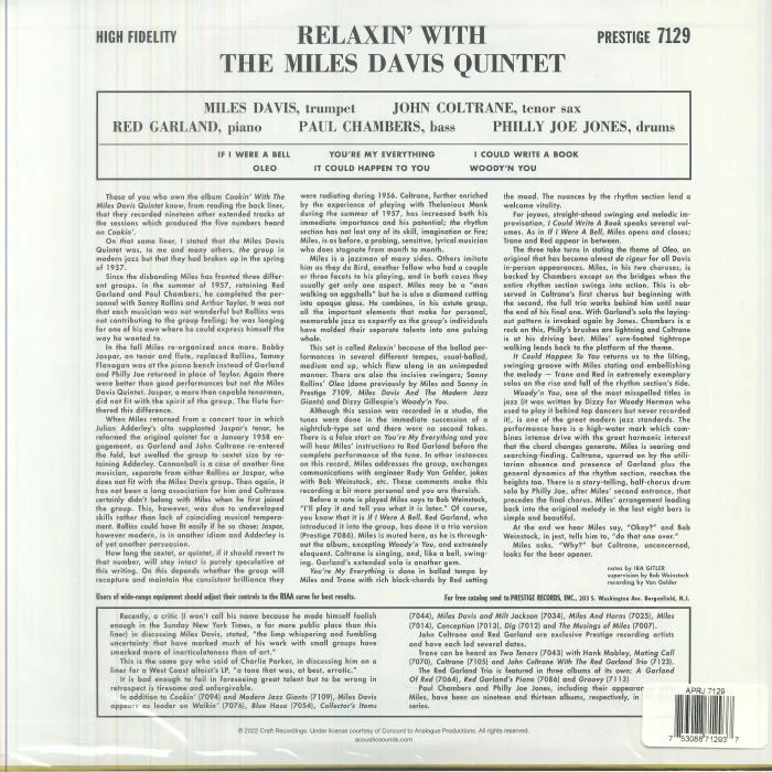 Back cover — The MILES DAVIS QUINTET — Relaxin' With The Miles Davis Quintet (reissue) (mono)
