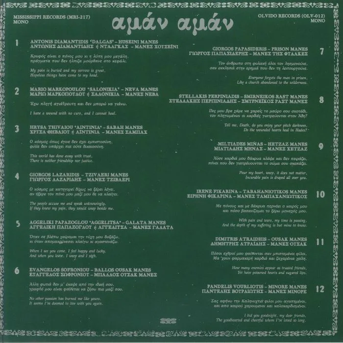Обратная сторона обложки — VARIOUS — Aman Aman: Greek Anatolian Laments