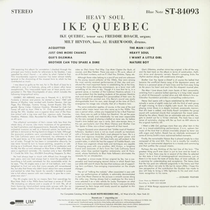 Back cover — Ike QUEBEC — Heavy Soul (Blue Note Classic Vinyl Series)