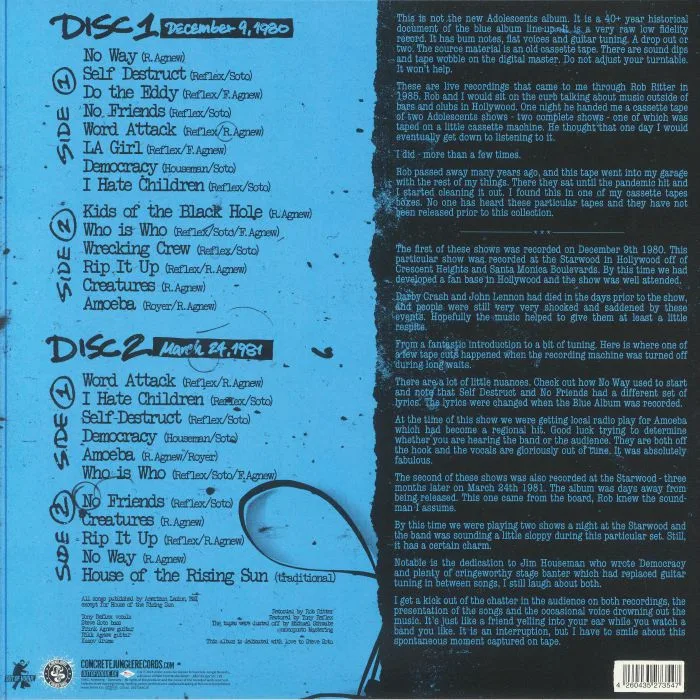 Back cover — ADOLESCENTS — The Rob Ritter Tapes: Live At Starwood 1980-1981