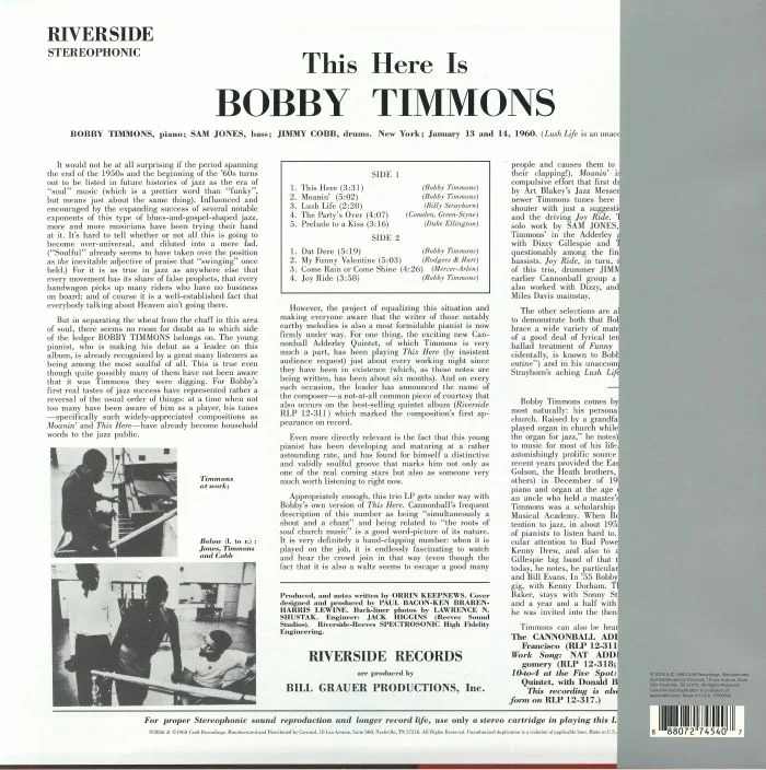 Обратная сторона обложки — Bobby TIMMONS — This Here Is Bobby Timmons (reissue)