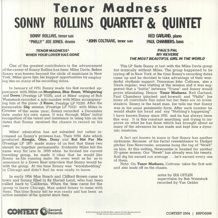 Обратная сторона обложки — SONNY ROLLINS QUARTET — Tenor Madness (reissue)